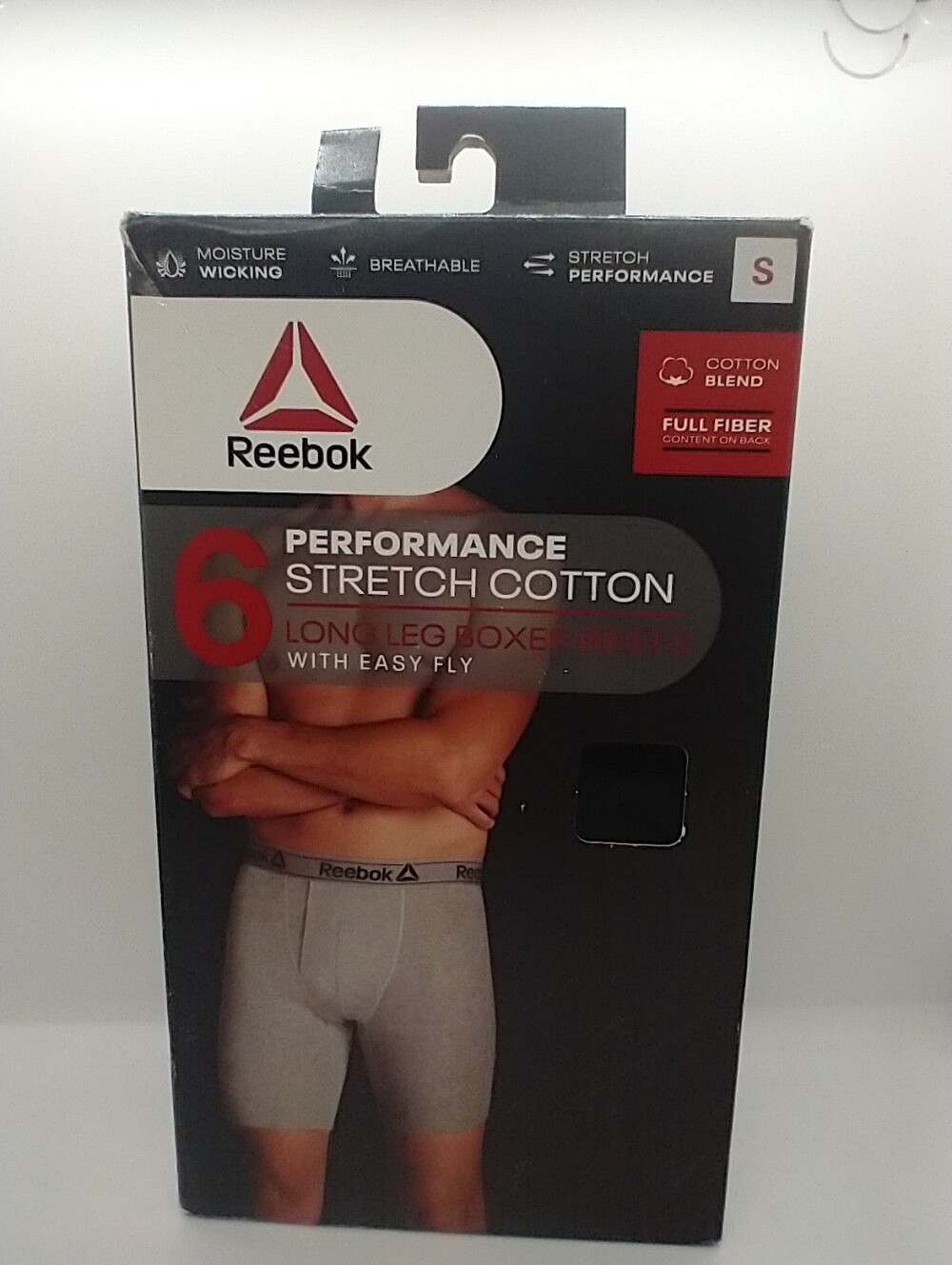 Reebok Performance Cotton Long Leg Boxer Briefs w/Easy Fly Black Large Size S